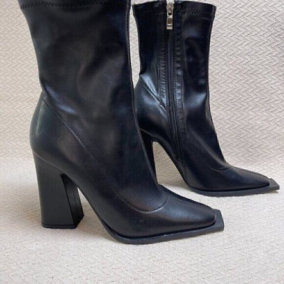 Princess Polly Mid-Calf Black Boots Women’s 6 Square Toe Block Heel Side Zipper - Picture 5 of 16